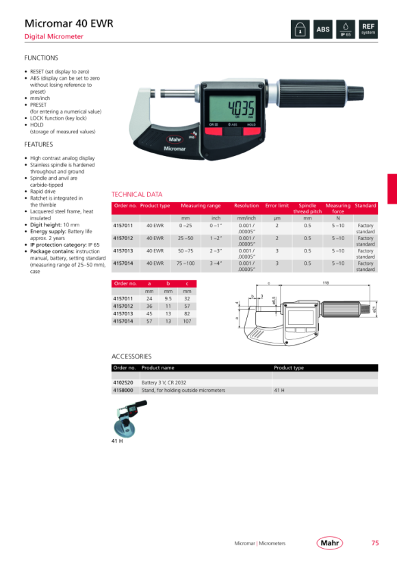 Mahr 40 EWR Digital Micrometer 75-100mm/3-4” w.c. 4157014