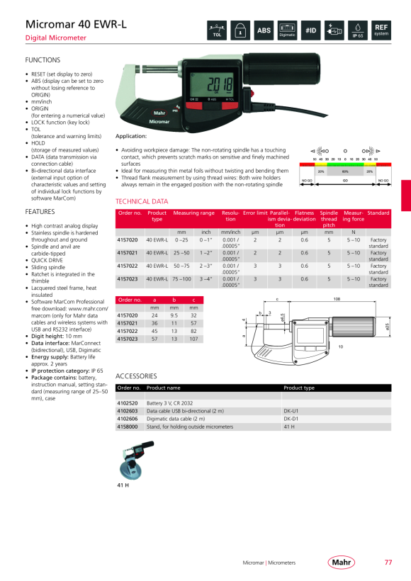 Mahr 40 EWR-L Digital Micrometer 50-75mm/2-3” with Data w.c. 4157022