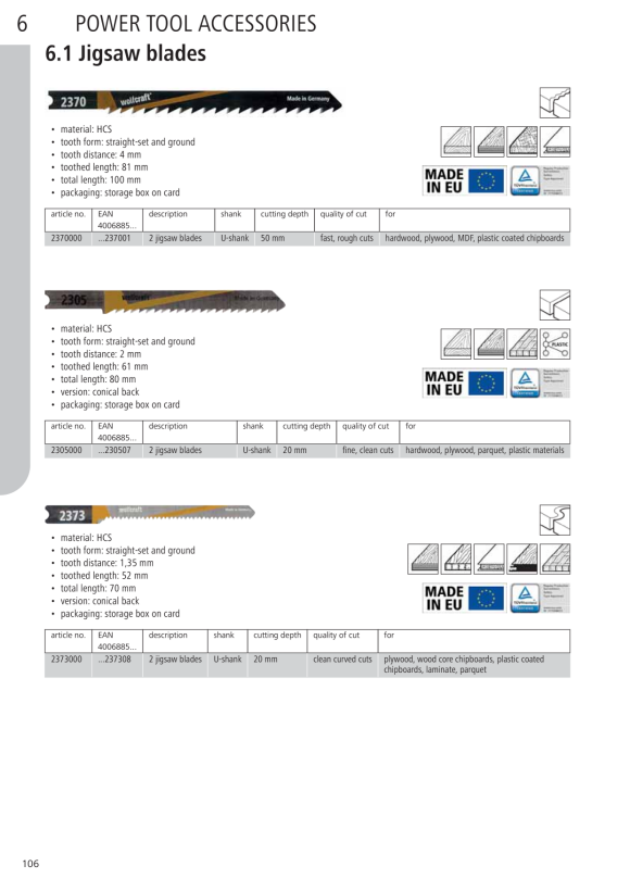 Wolfcraft Stichsägeblätter-Set 3-tlg., U-Schaft 2674000