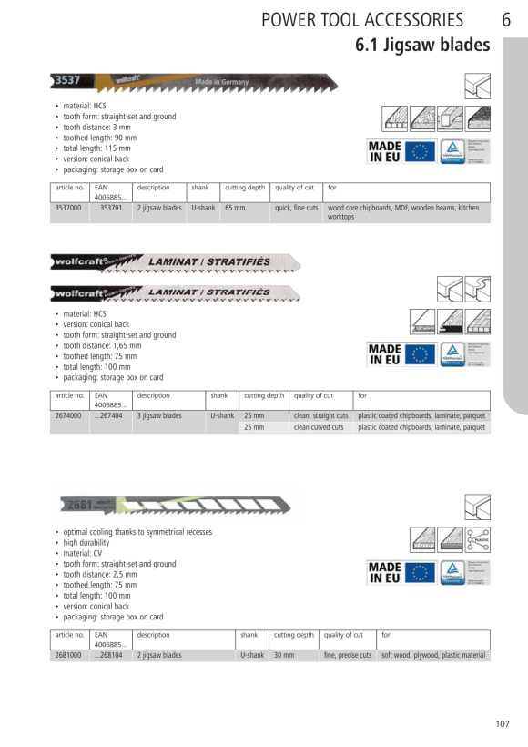 Wolfcraft Stichsägeblätter-Set 3-tlg., U-Schaft 2674000