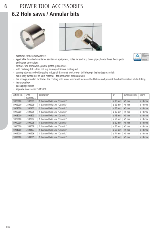 Wolfcraft Bohrkrone, diamantbestreut ?Ceramic?, mit Zentrierbohrer und Schaft 5929000