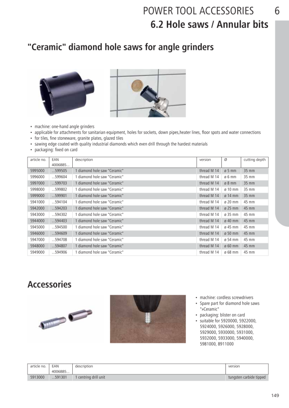 Wolfcraft Bohrkrone, diamantbestreut ?Ceramic?, mit Zentrierbohrer und Schaft 5929000