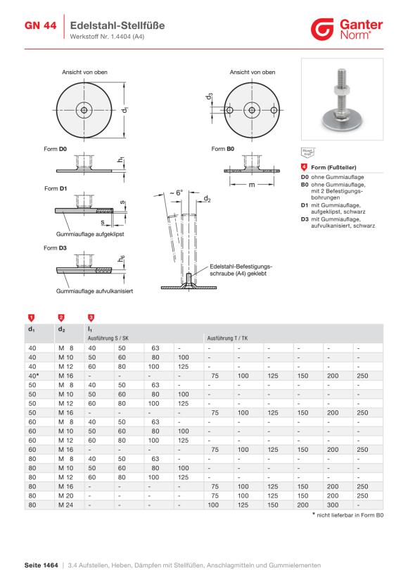 Ganter Stellfüße, Edelstahl 22-100-M16-250-D0-T