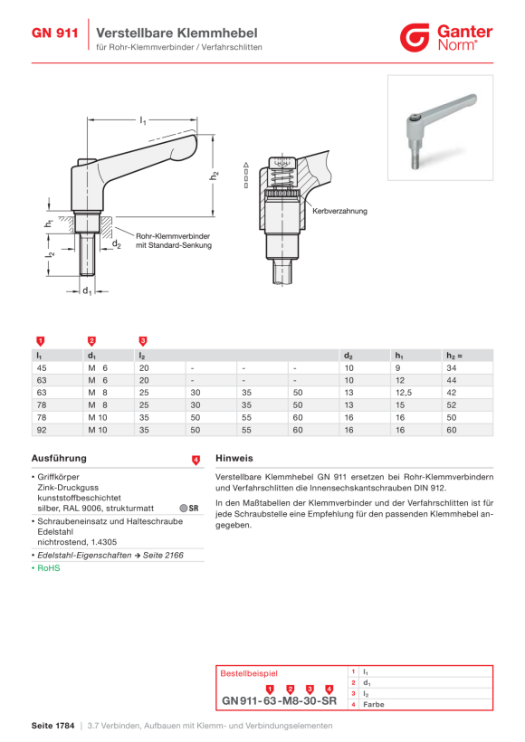 Ganter Verstellbare Klemmhebel 911-92-M10-65-SR