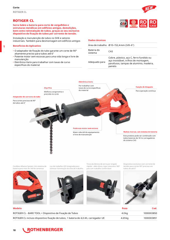Rothenberger ROTIGER CL incl. adaptador de tubo, ferramenta nua 1000003850