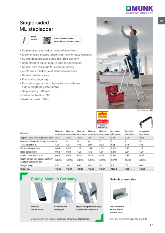 MUNK Single-sided ML stepladder, anodised aluminium 5 steps 11255