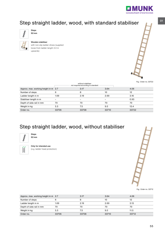 MUNK Step straight ladder, wood without stabiliser 6 steps 33706