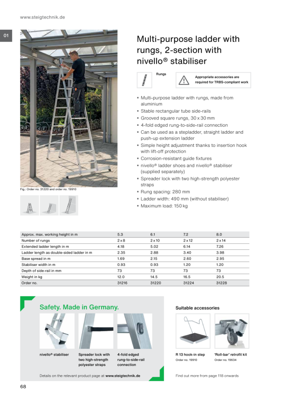 MUNK 2-section multi-purpose ladder with rungs, with nivello® stabiliser. 2x8 rungs 31216
