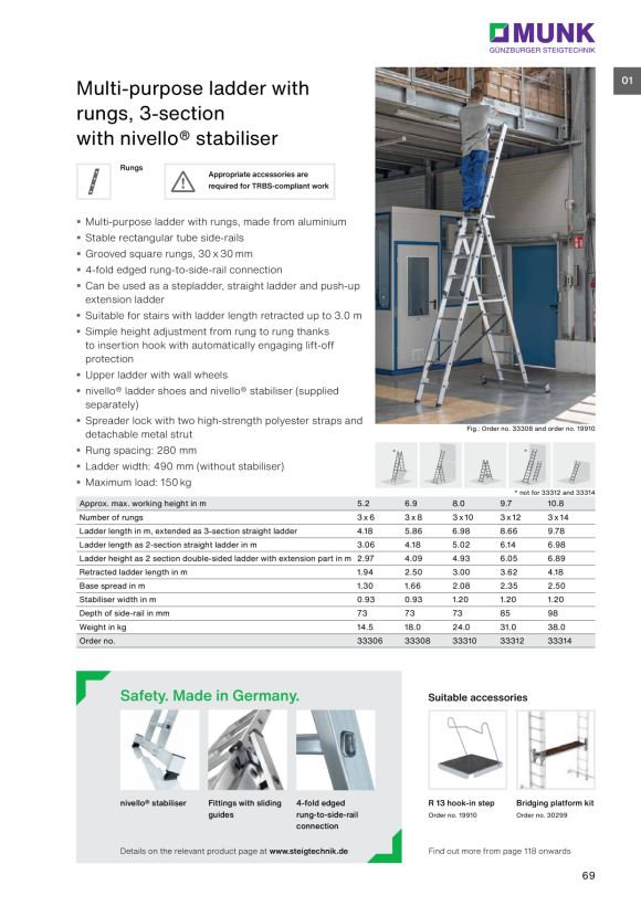MUNK 2-section multi-purpose ladder with rungs, with nivello® stabiliser. 2x8 rungs 31216