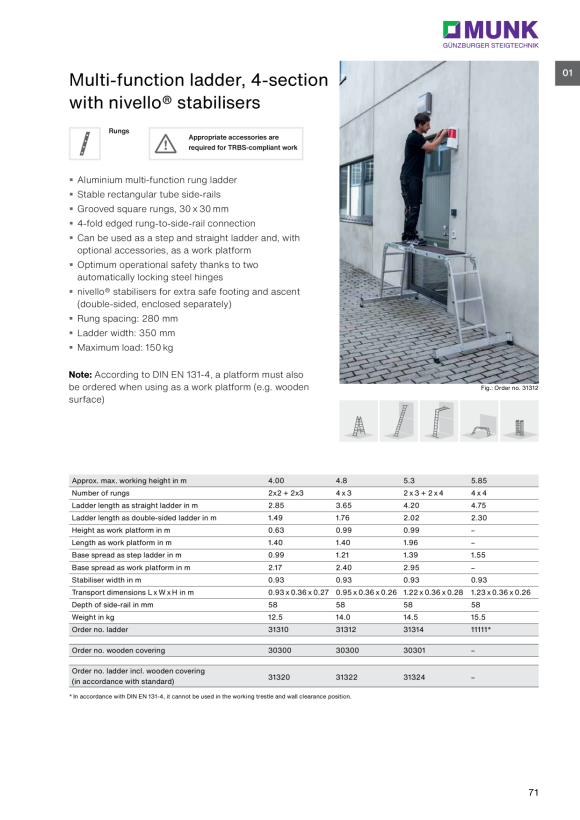 MUNK Multi-function ladder 4-section with nivello® stabiliser 4x4 rungs 11111