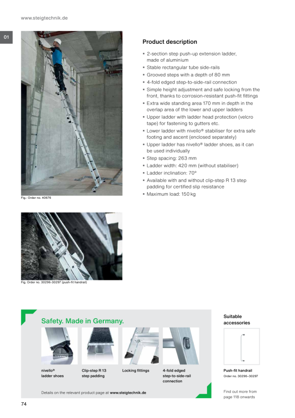 MUNK Step push-up extension ladder 2-section with nivello® stabiliser and clip-step R13 2x7 40670