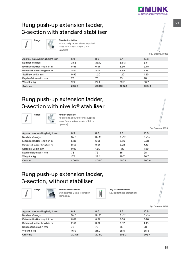 MUNK 3-section rung push-up extension ladder without stabiliser 3x8 rungs 20308