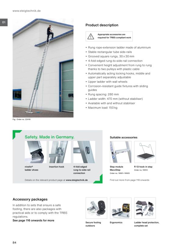 MUNK 3-section rung rope-extension ladder without stabiliser 3x16 rungs 22316