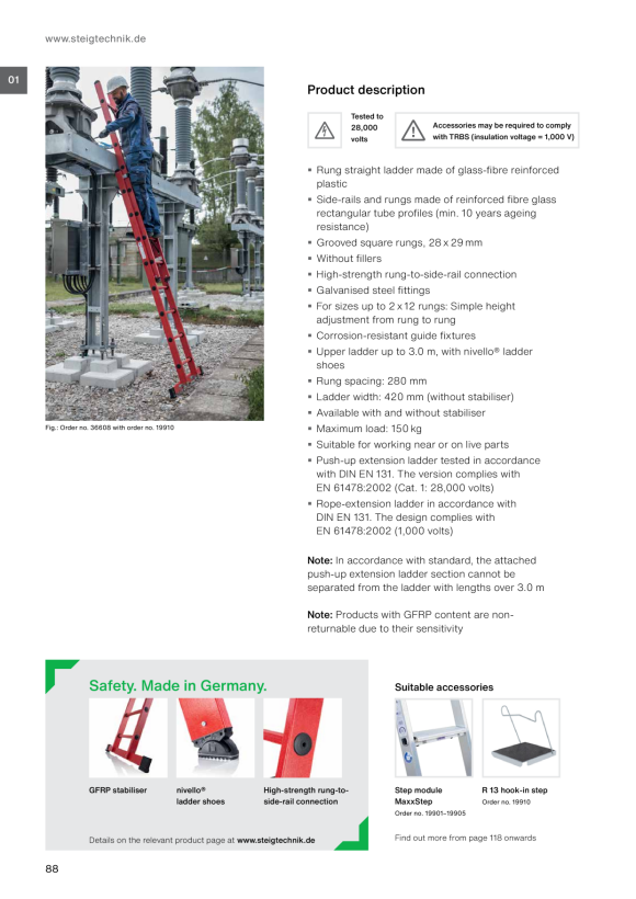MUNK 2-section rung push-up extension ladder made of glass-fibre reinforced plastic with standard stabiliser 2x12 rungs 36612