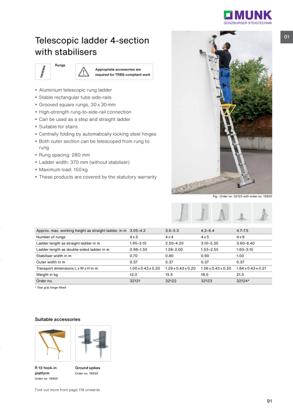 MUNK Telescopic ladder 4-section with stabiliser 4x3 rungs 32121