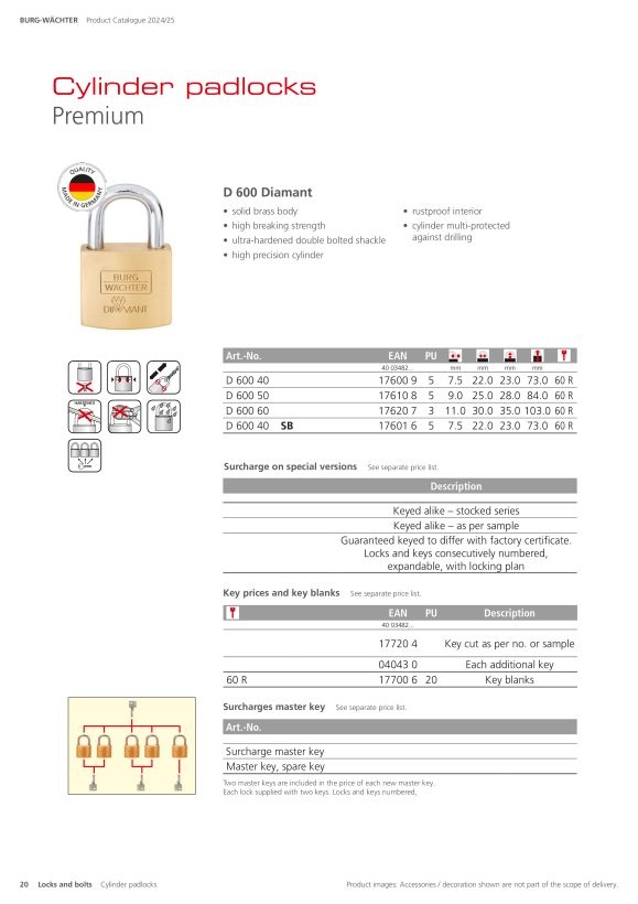 Burg-Wächter Zubehör Zylinderschlösser Schlüssel n. Muster G 700 17720