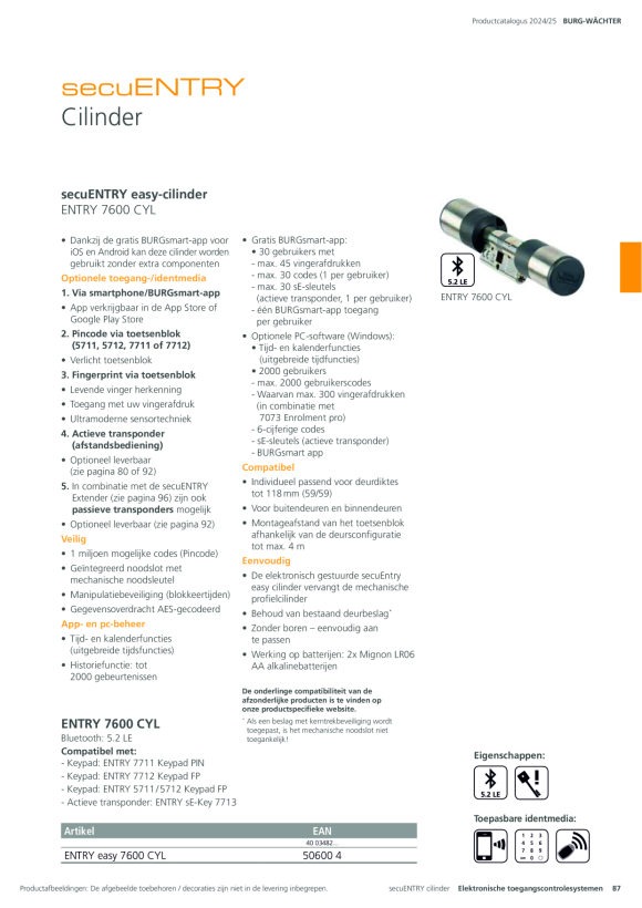 Burg-Wächter Elektronischer Türzylinder ENTRY easy 7600 CYL 50600
