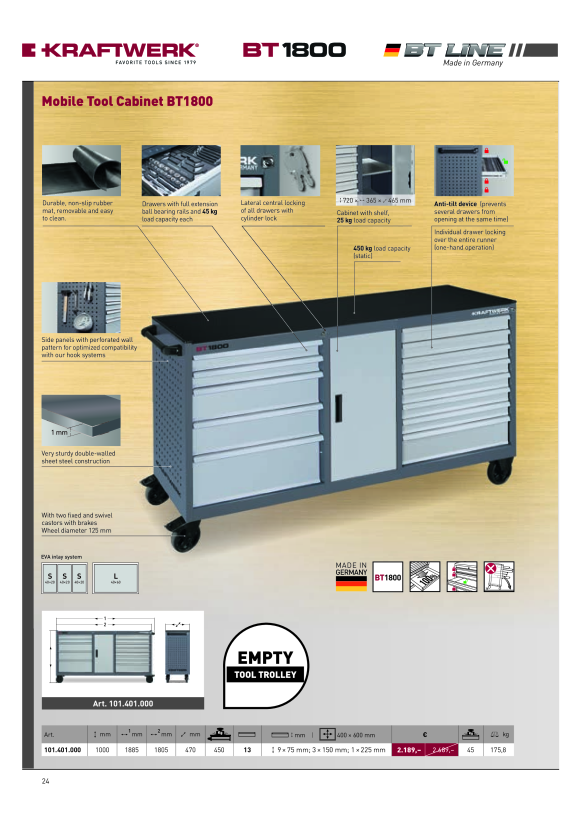 Kraftwerk Basic Werkstattwagen XXL BT1800, 13 Schubladen, leer 101.401.000
