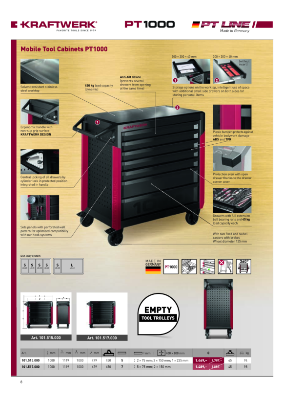 Kraftwerk PRO LINE Werkstattwagen PT1000 7 Schubladen, leer 101.517.000