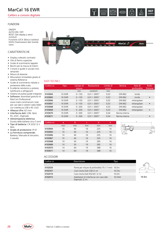 Mahr 16 EWR Dig.Caliper 200 mm/8” rect. DR th.wheel Data w.c. 4103069
