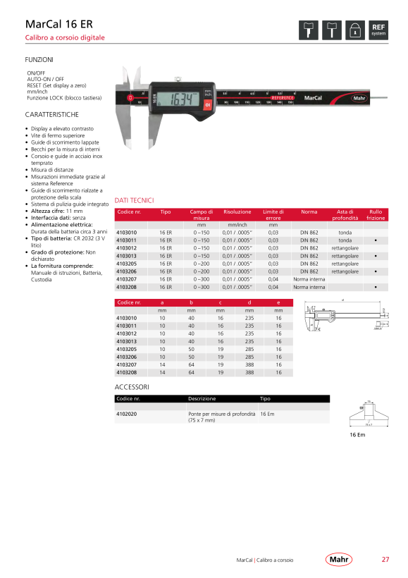 Mahr 16 EWR Dig.Caliper 200 mm/8” rect. DR th.wheel Data w.c. 4103069