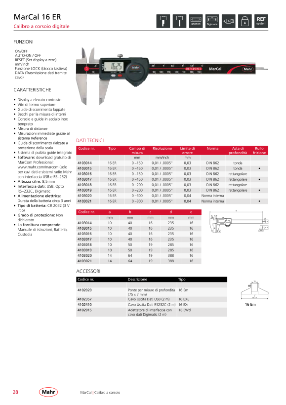 Mahr 16 ER Dig.Caliper 150 mm/6” rect. DR th.wheel Data w.c. 4103017