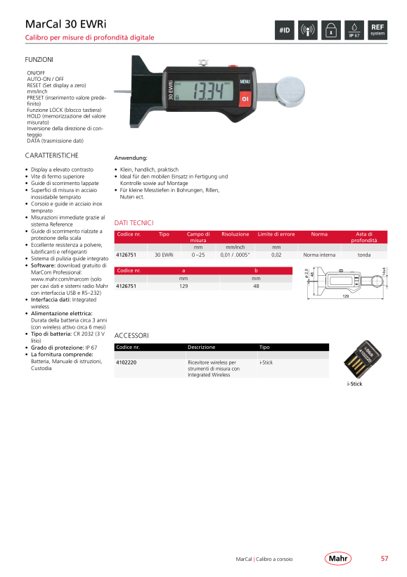 Mahr 30 EWR Depth Caliper 200 mm/8” Data w.c. 4126699