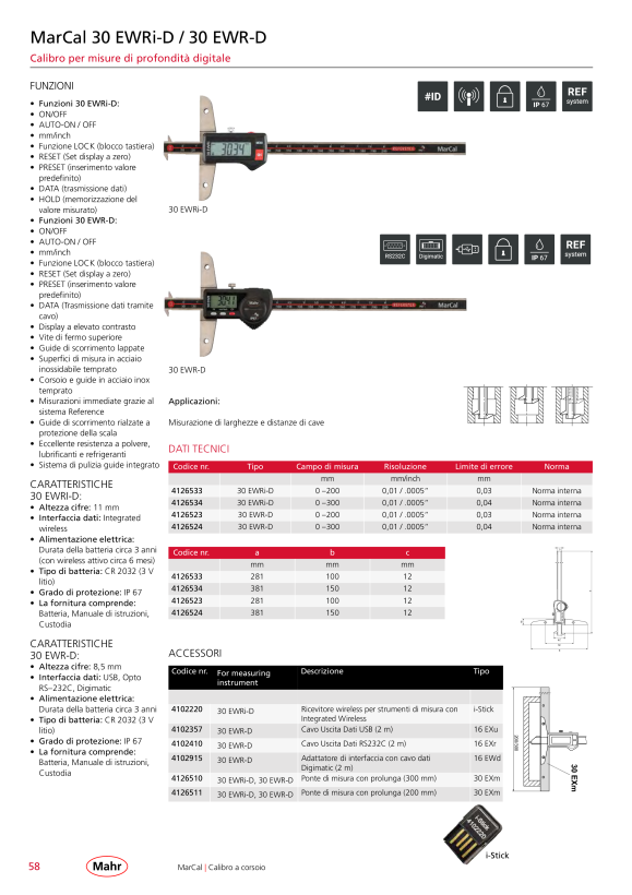 Mahr 30 EWR-D Depth Cal. 300mm/12” Double hook Data w.c. 4126524