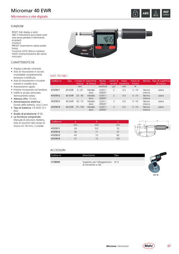 Mahr Supporto 41 H per viti micrometriche 4158000