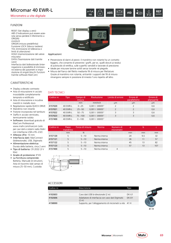 Mahr 40 EWR-L Digital Micrometer 50-75mm/2-3” with Data w.c. 4157022