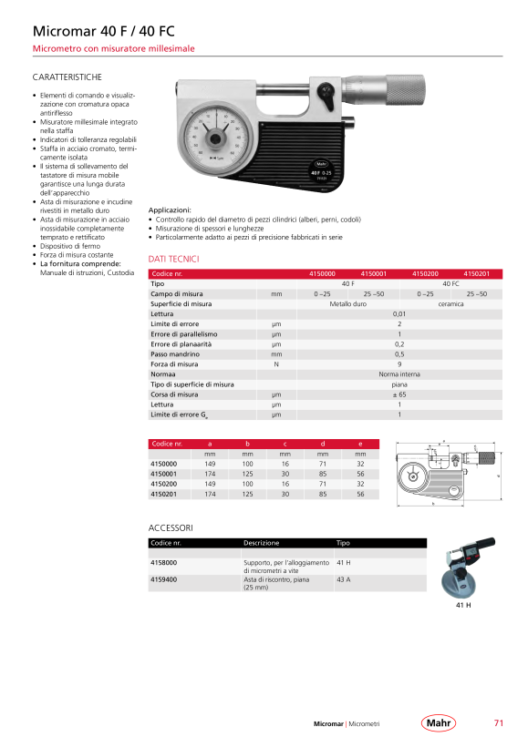 Mahr 40 A Micrometer 50-75 mm res. 0,01 mm w.c. 4134002