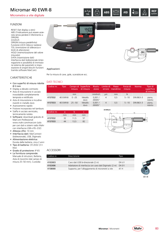 Mahr 40 EWR-B Digital Micrometer 25-50mm/1-2” with Data w.c. 4157033
