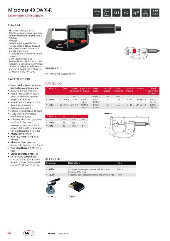 Mahr 40 EWR-R Digital Micrometer 25-50mm/1-2” with Data w.c. 4157031