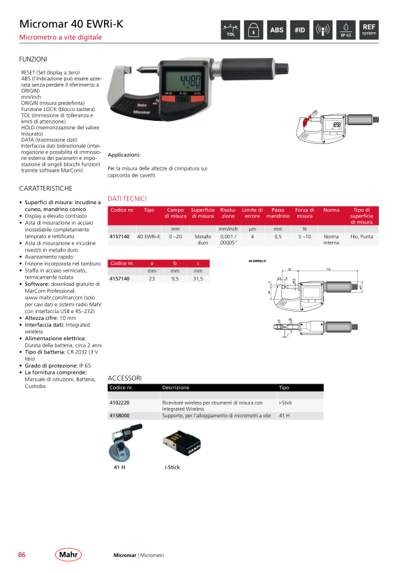 Mahr 40 EWR-K Digital Micrometer 0-20mm with Data w.c. 4157040