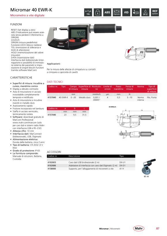 Mahr 40 EWR-K Digital Micrometer 0-20mm with Data w.c. 4157040