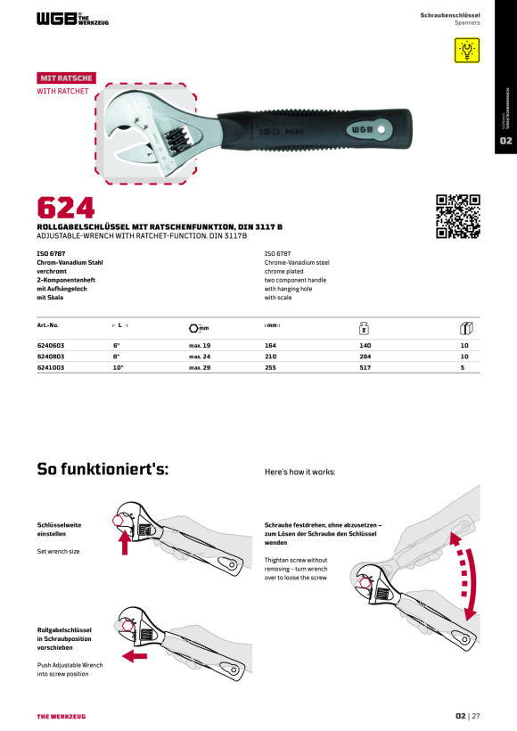 WGB ROLLGABELSCHLÜSSEL AUS CV, MATT, MIT SKALA UND SOFTGRIFF, NR.620 9265588