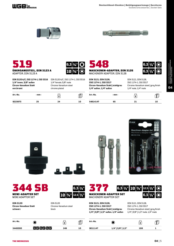 WGB 1/4" STECKSCHL.-EINSATZ, 6KT, 1/4"-3/8", 3/8"-1/2", 1/2"-3/4" 3440000
