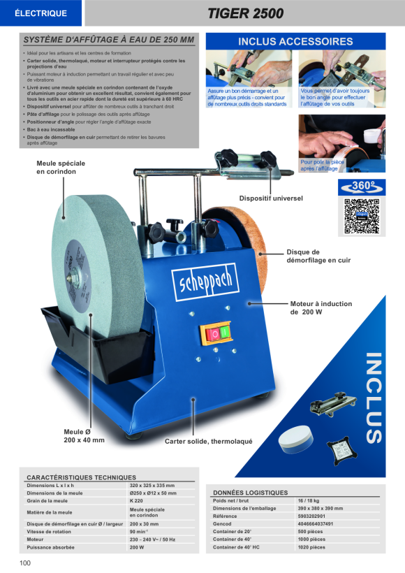 Scheppach Nass-Schleifsystem 250 mm mit Universal-Schleifvorrichtung 70, Winkellehre, Abziehpaste 5903202901