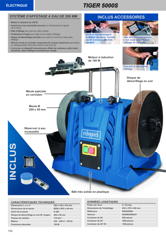 Scheppach Nass-Schleifsystem 200mm Universal-Schleifvorrichtung 70, Winkellehre, Abziehpaste 5903205901
