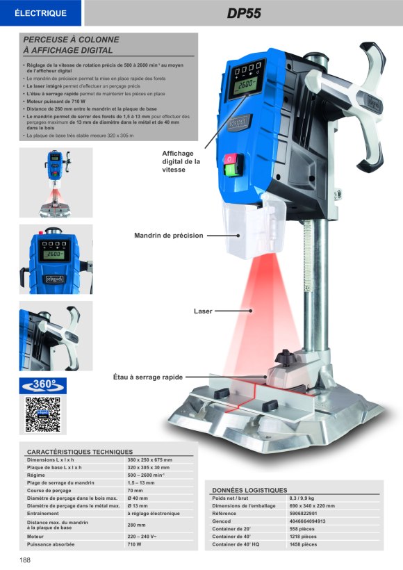 Scheppach Tischbohrmaschine 13 mm, 710W, variable Geschwindigkeiten, Laser Digitales Display 5906822901