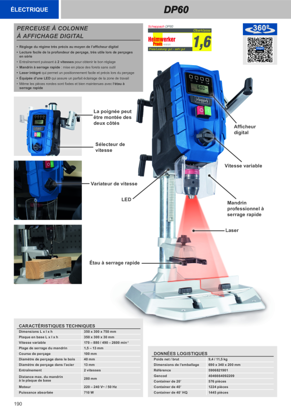 Scheppach Tischbohrmaschine 13 mm, 710W, variable Geschwindigkeiten, Laser, LED, Digitales Display 5906821901