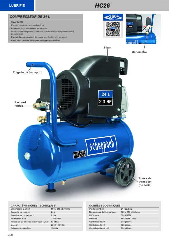 Scheppach Kompressor 24 L, 8 bar, 1,5 kW, Ölgeschmiert mit Motorenöl 5906135901