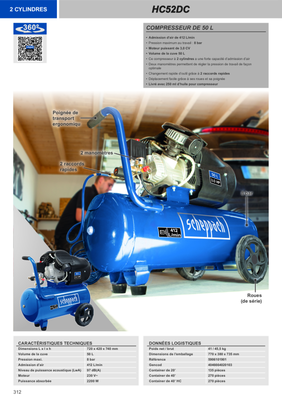 Scheppach Kompressor 50 L, 8 bar, 2,2 kW, Doppelzylinder, Ölgeschmiert 5906101901