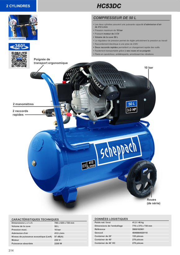 Scheppach Kompressor 50 L, 10 bar, 2,2 kW, Doppelzylinder, Ölgeschmiert 5906102901