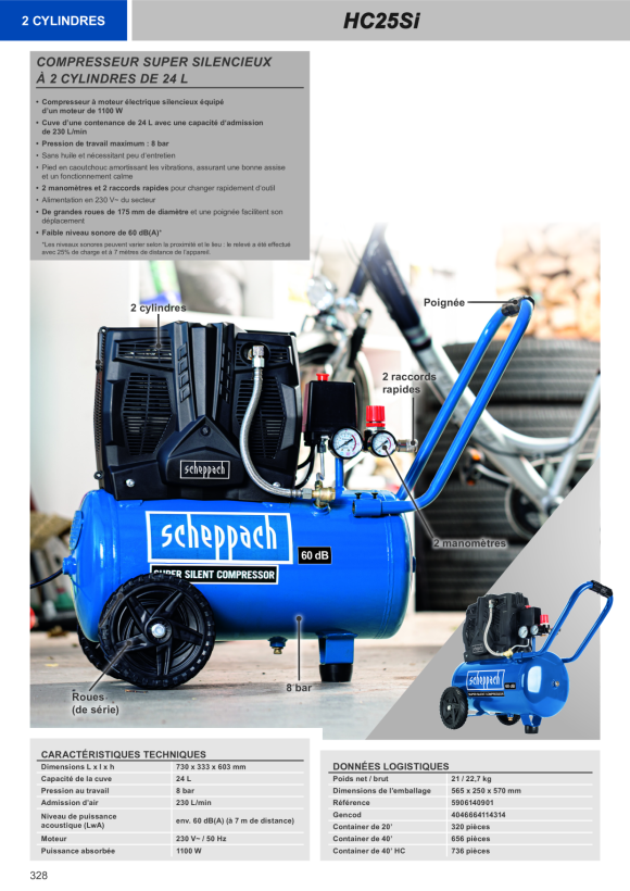 Scheppach Silent Kompressor 24L, 8 bar, 1,1kW, Doppelzylinder, Ölfrei 5906140901
