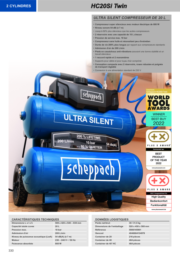 Scheppach Doppeltank Kompressor, 20L, 10 bar, 7,5 kW,Doppelzylinder,Ölfrei 5906145901