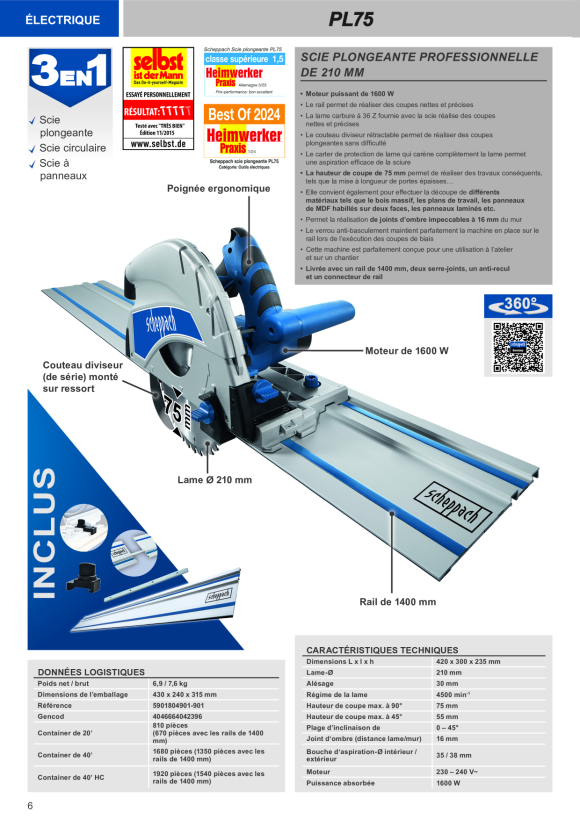 Scheppach Tauchsäge 210 mm inkl. 1400 mm Führungsschiene, Schraubzwingen, Rückschlagsicherung & Schienenverbinder 5901804901-901