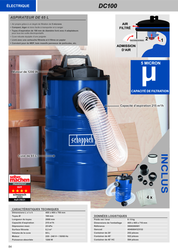Scheppach Absauganlage 65L, 215m³/h, mit Adapter-Set und 4x Papierfilter 5906306901