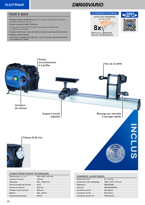 Scheppach Drechselbank 600 mm, Stufenlose Drehzahlregelung 5902305901