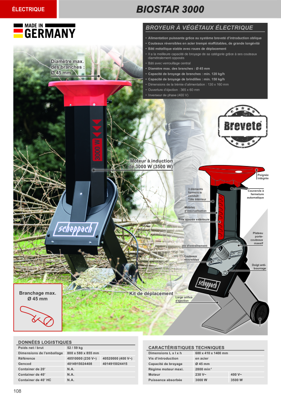 Scheppach 3000 W Elektro-Gartenhäcksler inkl. Fahrvorrichtung 40510000